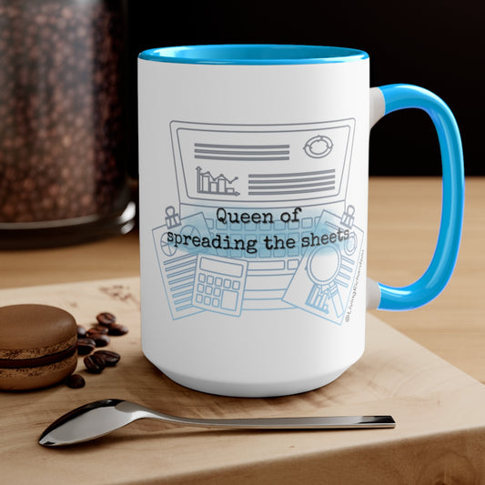 "Queen of spreading the sheets" Two-Tone Coffee Mugs, 15oz